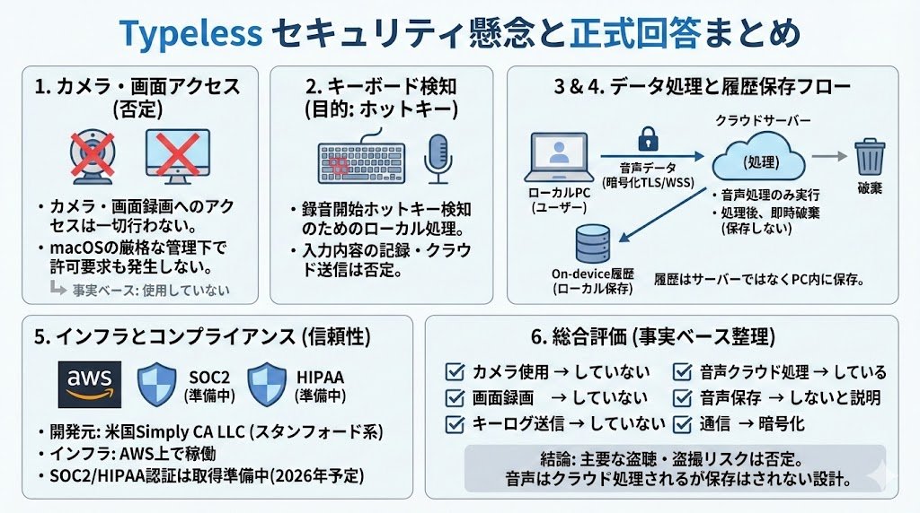 【Typeless セキュリティ懸念まとめ】

Typelessのセキュリティリスクが話題になったので、直接会社に問い合わせて、確認しました。

同社のエンジニアにも調べてもらったTypeless側の正式回答はこちらです。