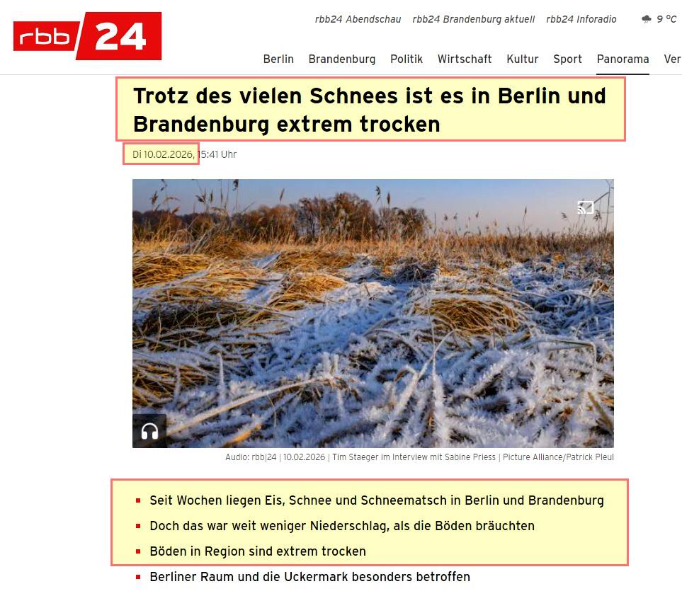 #KlimaWahn-del
10.02.2026, RBB-ARD/ÖRR
"extremem Trockenstress"!
Dürre in Berlin und Brandenburg! ... 😱
.
"Obwohl es optisch so aussehen mag, als sei Niederschlag gefallen: Es war deutlich zu trocken in den letzten Wochen" ... 😦
.

rbb24.de/panorama/beitr…