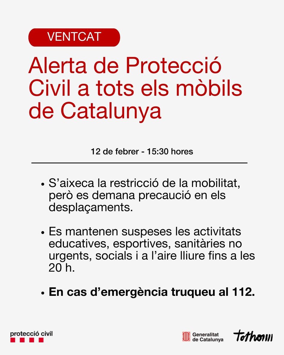 emergenciescat's tweet image. 📱 S'ha enviat un nou ES-Alert a tots els mòbils de Catalunya per indicar les novetats de l'alerta per ventades:
- S'aixeca la restricció de la mobilitat però es demana precaució
- Les limitacions d'activitats segueixen vigents fins les 20 h

#AlertaCat #VENTCAT #ProteccióCivil
