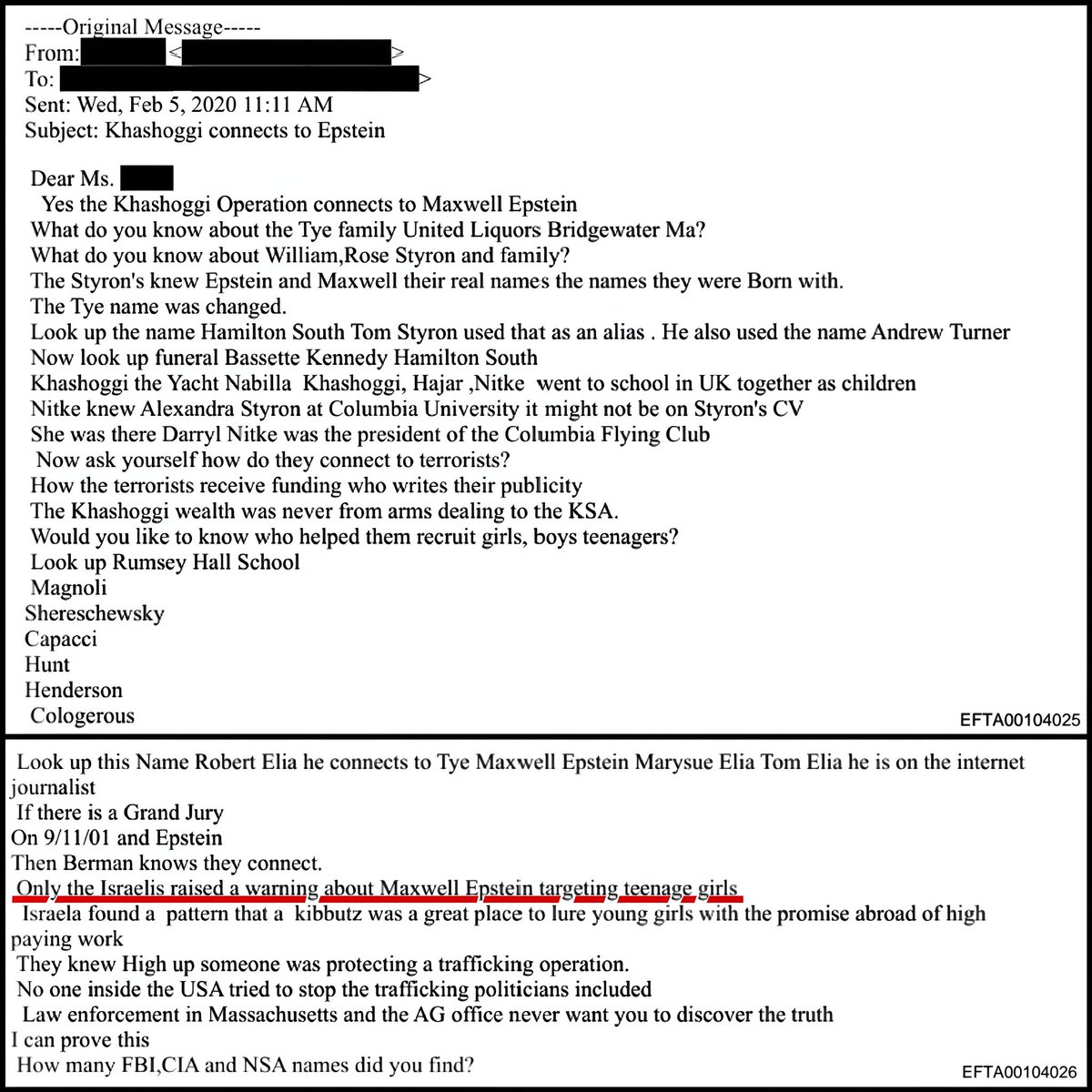 Now we know why Epstein hated Israel, directly from the files:

“Only Israel warned us about Maxwell and Epstein trafficking teenage girls. They knew that someone in the USA was protecting him after no one tried to stop it.”

They’ll show you a discredited ‘tip’ from a convicted