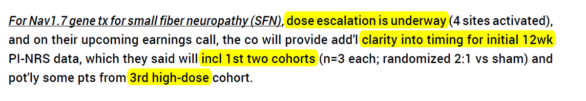BiotechAnalysst's tweet image. BREAKING  $SGMO 
Nav1.7 gene tx for SFN Pain
dose escalation is underway (4 sites activated),
@ earnings will provide add'l clarity into timing for #initial 12wk #data, said will incl 1st two cohorts (n=3 each; randomized 2:1 vs sham) and
pot'ly some pts from 3rd high-dose cohort