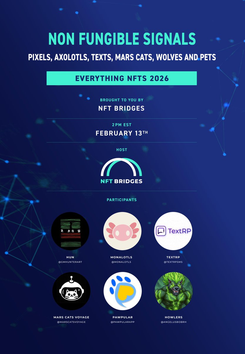 🎙️ Twitter Space AMA - This Friday

Theme: “Non Fungible Signals: Pixels, Axolotls, Texts, Mars Cats, Wolves and Pets”

📅 Friday, Feb 13, 2026
⏰ 2 PM EST
x.com/i/spaces/1rmxP…
Featuring:
🎨 <a href="/gmhunterart/">Hun</a>
🦎 <a href="/Monalotls/">Monalotls</a>
💬 <a href="/textrpsms/">TextRP</a>
🐱 <a href="/MarsCatsVoyage/">Mars Cats Voyage</a>
🐺 <a href="/AngelusbobRh/">AngelusBoB 🔱 Epic Finds Emporium</a>
🐶