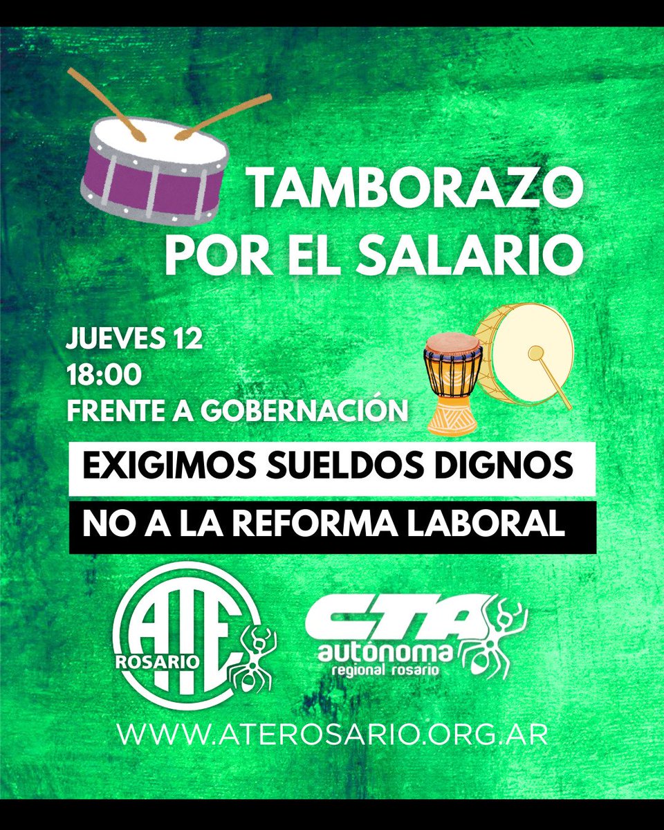 🥁🪘Tamborazo por el salario frente a Gobernación
📍Jueves 12, a las 18.00, en unidad con diversos sectores en lucha.
✊🏽Lxs estatales Santafesinxs exigimos salarios y condiciones  dignas de trabajo 
🔥Abajo la reforma laboral