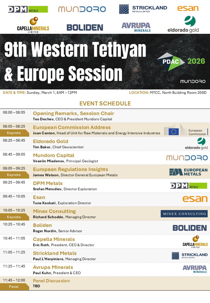 Mundoro is pleased to announce the return of the 9th Annual Western Tethyan and Europe Session #WTESession during #PDAC2026. 

This technical session is focused on bringing attention to exploration, development, and operational best practices in the region.    

📅 Sunday, March