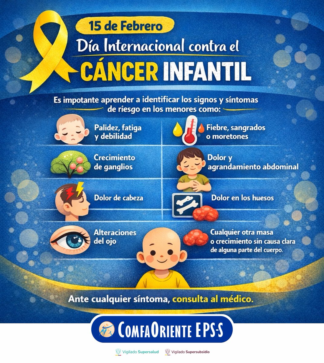 #ComfaOrienteEPS | El cáncer es una de las principales causas de muerte e los niños y adolescentes en el mundo, cada año se diagnostica cáncer a aproximadamente a 280.000 niños de entre 0 y 19 años.

#DíaInternacionalContraElCancerInfantil