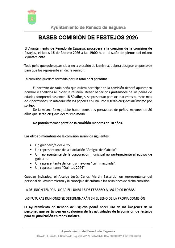 ¡¡¡Creación de la comisión de festejos!!!
Lunes 16 de febrero 2026 a las 19:00 h. en el salón de plenos del mismo Ayuntamiento.
A continuación, adjuntamos bases.