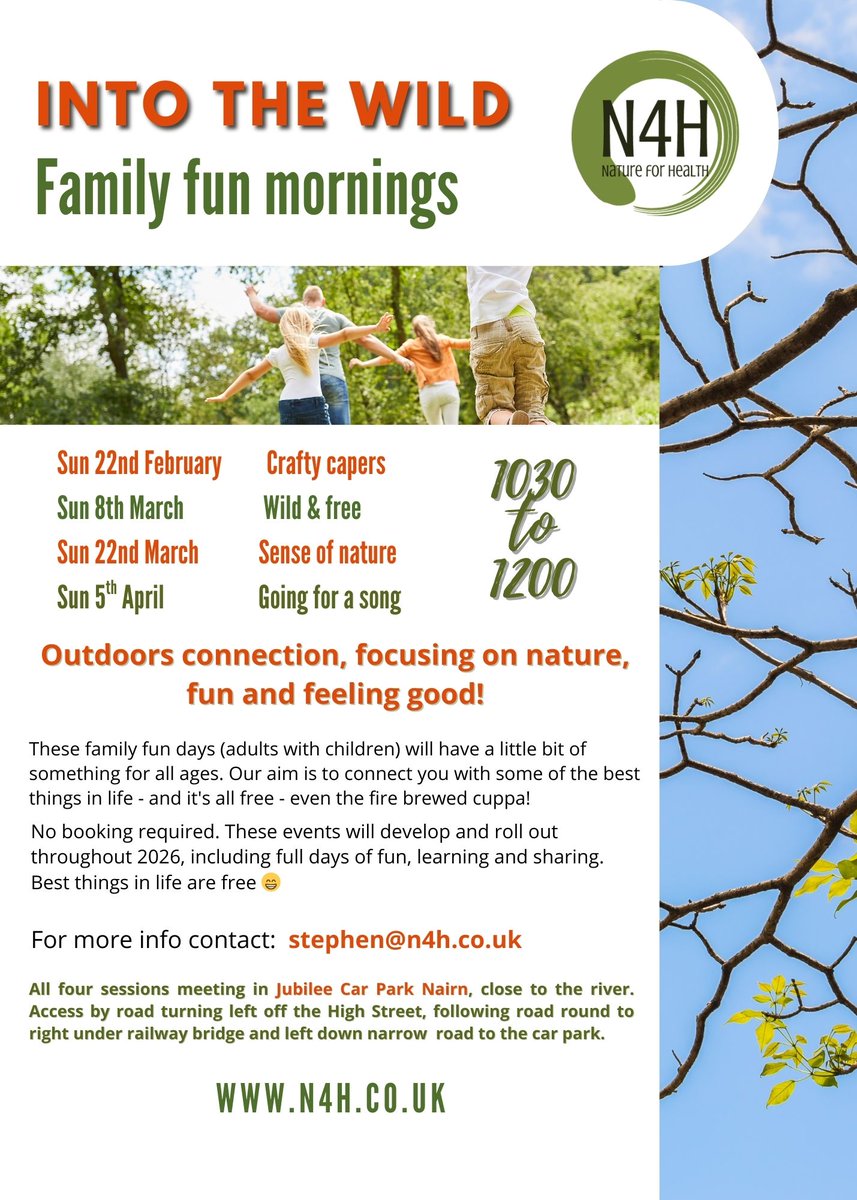 BefHighland's tweet photo. 'Into the Wild' family fun mornings with N4H
If you're a parent or granny/grandpa and fancy a bit of time away from tech in nature with the kids then look no further.
Meet Jubilee Car Park, Nairn 1030 start!  
https://t.co/lsqyM043o0
No booking, no charge, just turn up and enjoy. https://t.co/aUdrWpaIV4