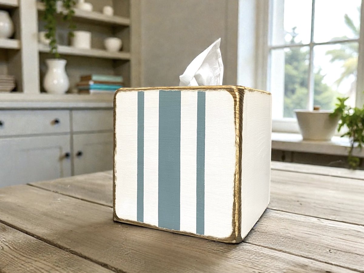 Our striped tissue box, inspired by vintage beach umbrellas and sun-washed cottages, adds a relaxed coastal touch to any space. Choose your stripe &amp; box color, you can create a piece that's uniquely yours, perfect for beach houses, vacation rentals, or breezy guest rooms!
