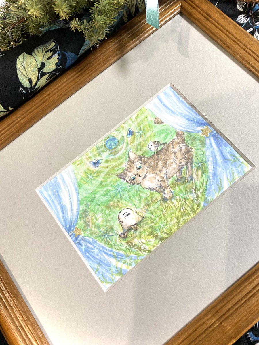 出会い』〜カーテンごしにのぞく世界 原画サイズ 約148㎜×100㎜ 額含む