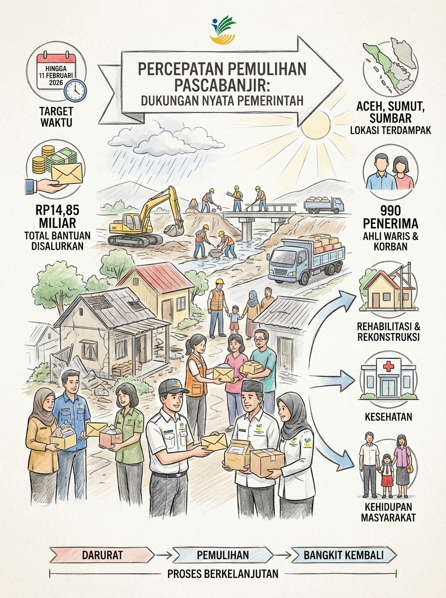 Pemulihan pascabanjir di Aceh, Sumut, &amp; Sumbar dipercepat.

Per 11 Feb 2026, <a href="/KemensosRI/">Kementerian Sosial RI</a>  telah salurkan santunan kepada 990 penerima (ahli waris korban meninggal dan korban luka berat).
Total bantuan Rp14,85 M bentuk percepatan rehabilitasi &amp; rekonstruksi bagi warga terdampak.