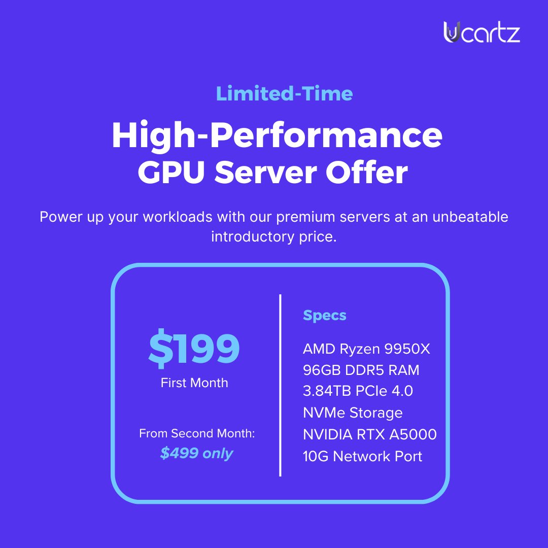 ucartz's tweet photo. High Performance GPU Servers

Limited stock available. Offer valid for a short time only.

Contact us now to deploy instantly
https://t.co/b2qCQNjIgJ
 #ucartz #dedicatedserver #hosting #limitedtimeoffer #bigsave #GPUserver https://t.co/cjA5QvtYVG