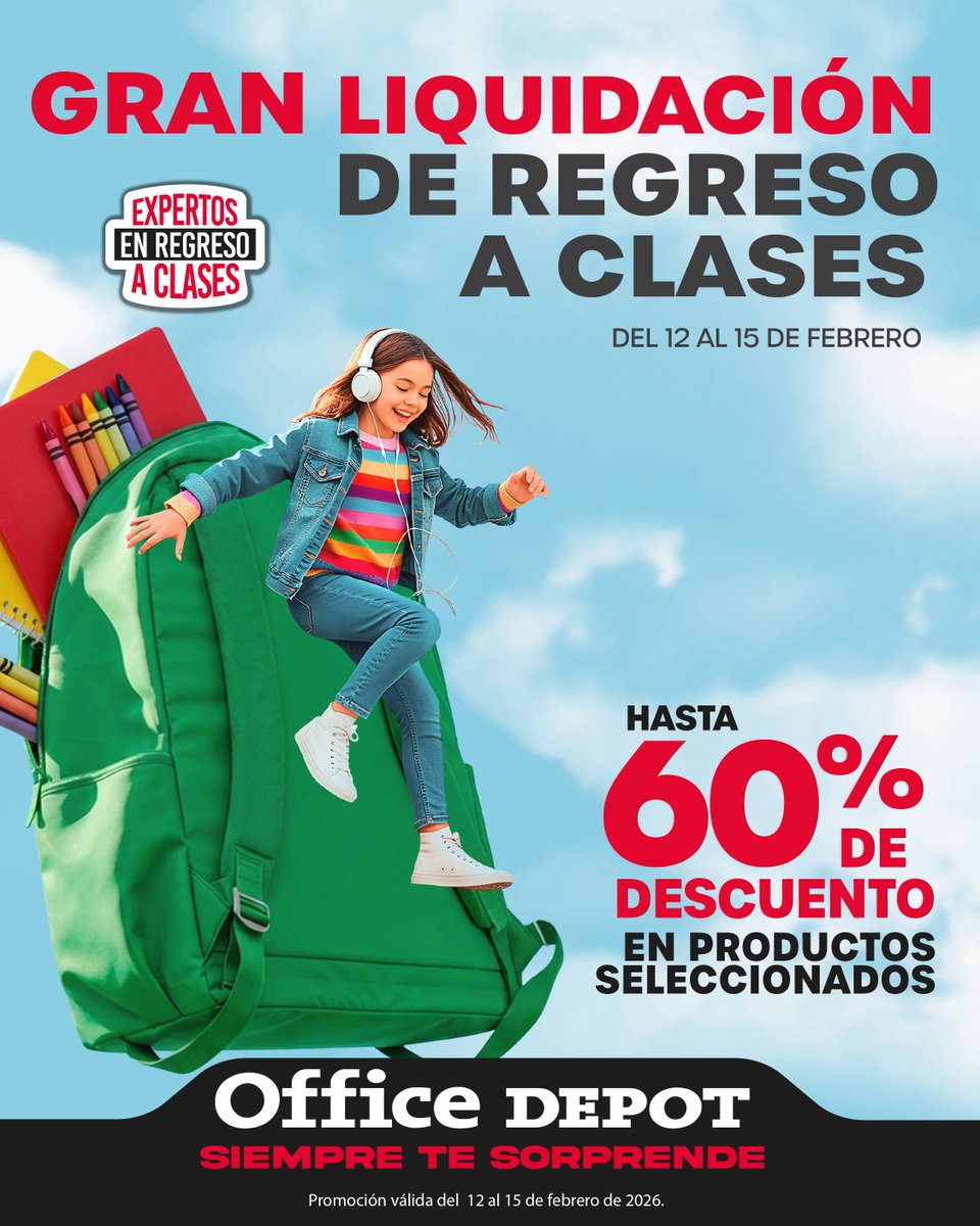 🎒✨¡Gran Liquidación de Regreso a Clases! 🎒✨ 
Aprovecha hasta 60% de descuento en productos seleccionados en Office Depot.
Compra en tienda o en officedepot.com.gt
#OfficeDepotSiempreTeSorprende
Válido del 12 al 15 de febrero de 2026.