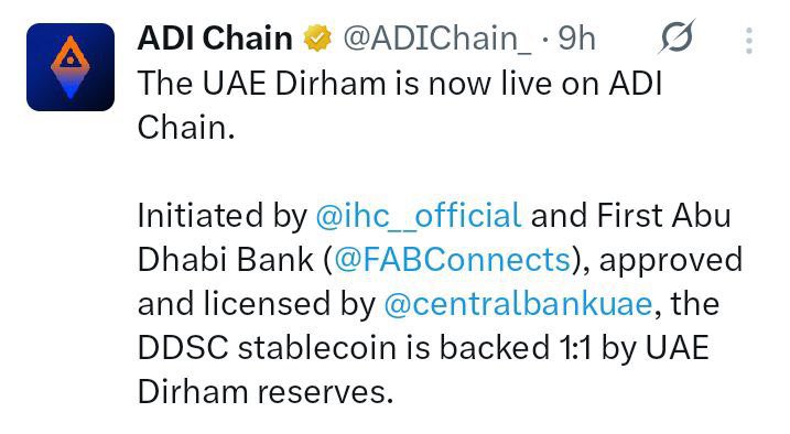 Living in the UAE and witnessing this transformation in real time feels historic. 

With the Dirham going onchain through DDSC, backed by giants like IHC and FAB, the foundations for sovereign digital finance are officially set. 

Abu Dhabi is positioning itself as the capital of