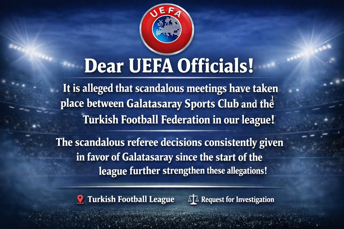 🚨Paylaşıp UEFA’yı etiketleyelim. <a href="/UEFA/">UEFA</a> <a href="/UEFAcom/">UEFA.com</a>

"Sayın UEFA Yetkilileri!

Ligimizde Galatasaray Spor Kulübü ile Türkiye Futbol Federasyonu arasında skandal niteliğinde toplantıların gerçekleştiği iddia edilmektedir!

Ligin başlangıcından bu yana Galatasaray lehine sürekli