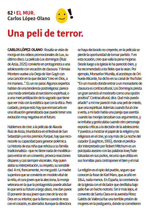 clolano's tweet photo. En #ElMur hablo de Rosalía, de la película "Los domingos" de Ruiz de Azúa, y de los peligros de romantizar entre los jóvenes la religión o quizás sólo su estética.
"Una peli de terror", en la @CTuria de esta semana. https://t.co/RYuaW0dBSN