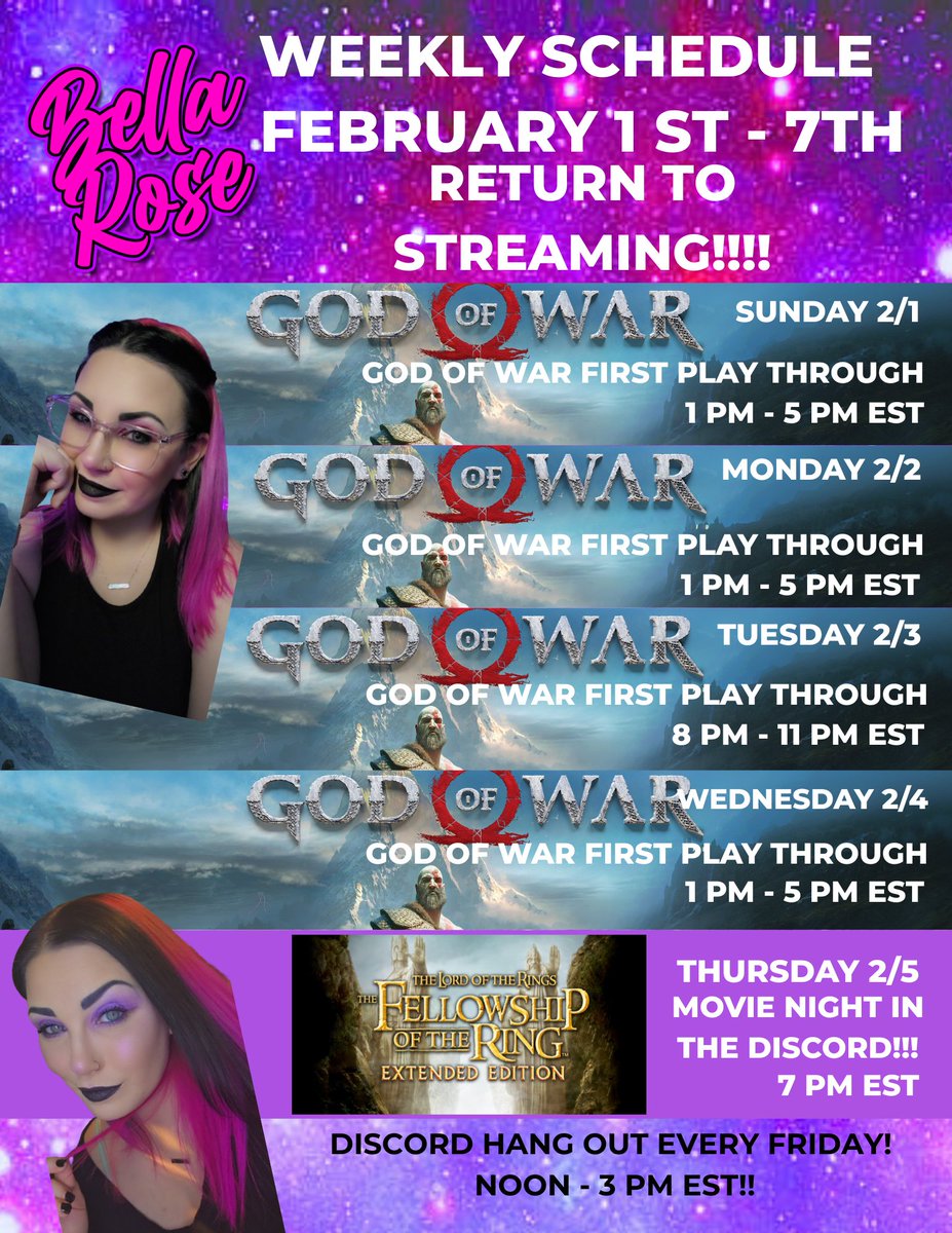 BellaRose0810's tweet image. I’M BACK 💖

First stream week after a 2-month break ✨
⚔️ God of War — first ever playthrough
Sun/Mon/Wed 1–5 PM EST
Tue 8–11 PM EST
🎬 LOTR movie night Thurs in Discord
🗓️ Feb 1–7

twitch.tv/bellarose0810

#StreamerReturn #GodOfWar #FirstPlaythrough