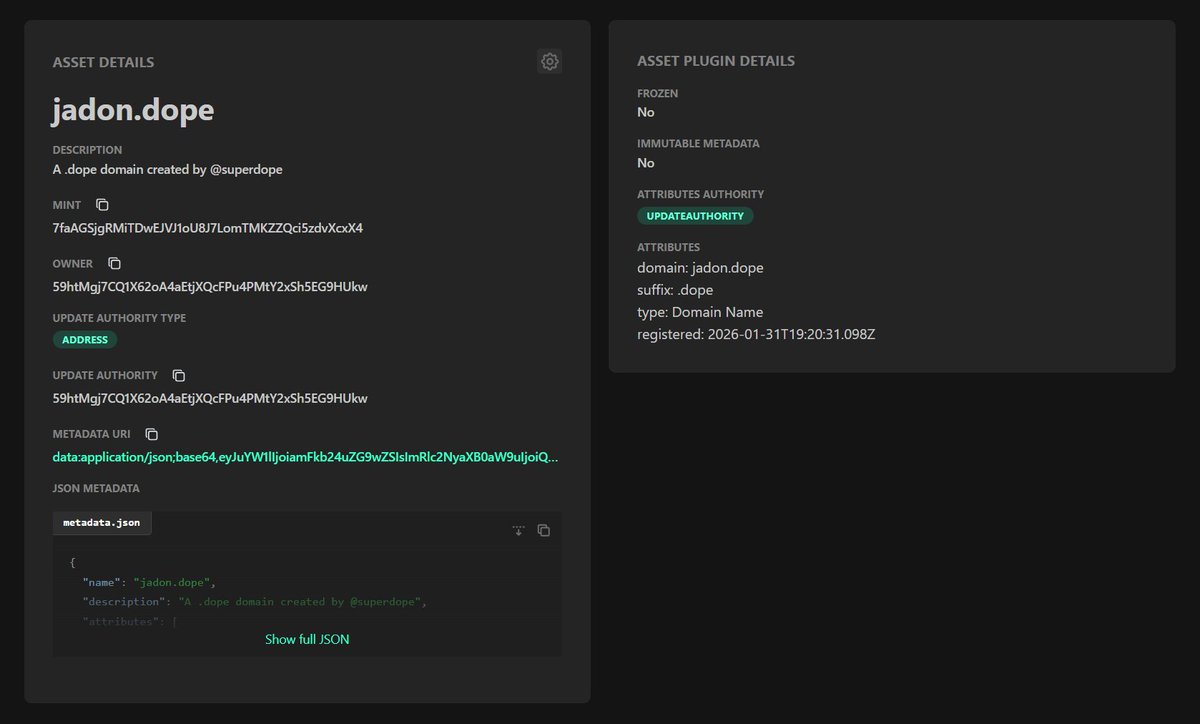 jadoncarter's tweet image. so, i've just minted jadon.dope on @solana with my new app

it's really cheap to mint and it's an NFT (you can't create custom TLDs on solana so it had to be an NFT) which means you can trade it on @MagicEden 

it's currently on beta and i want you guys to mint some .dope names…