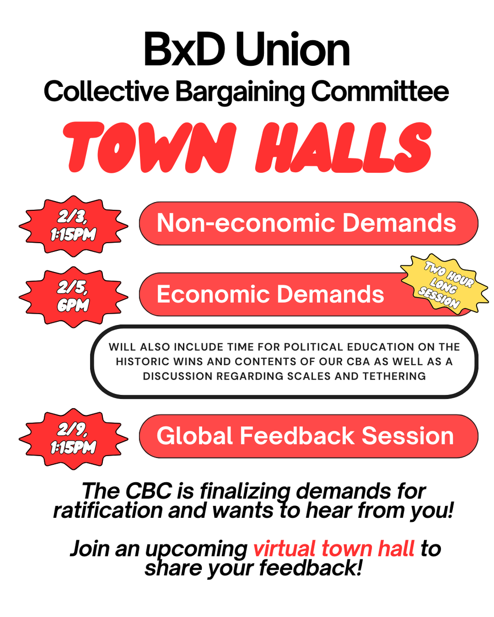 BxDUnion's tweet photo. 💬💬The BxD Union Collective Bargaining Committee needs to hear from you as they finalize demands for our ratification vote!

📣📣Share your perspective at these town halls on non-economic demands, economic demands, and feedback overall! Check your personal email for Zoom links. https://t.co/Mag5I4iIVR