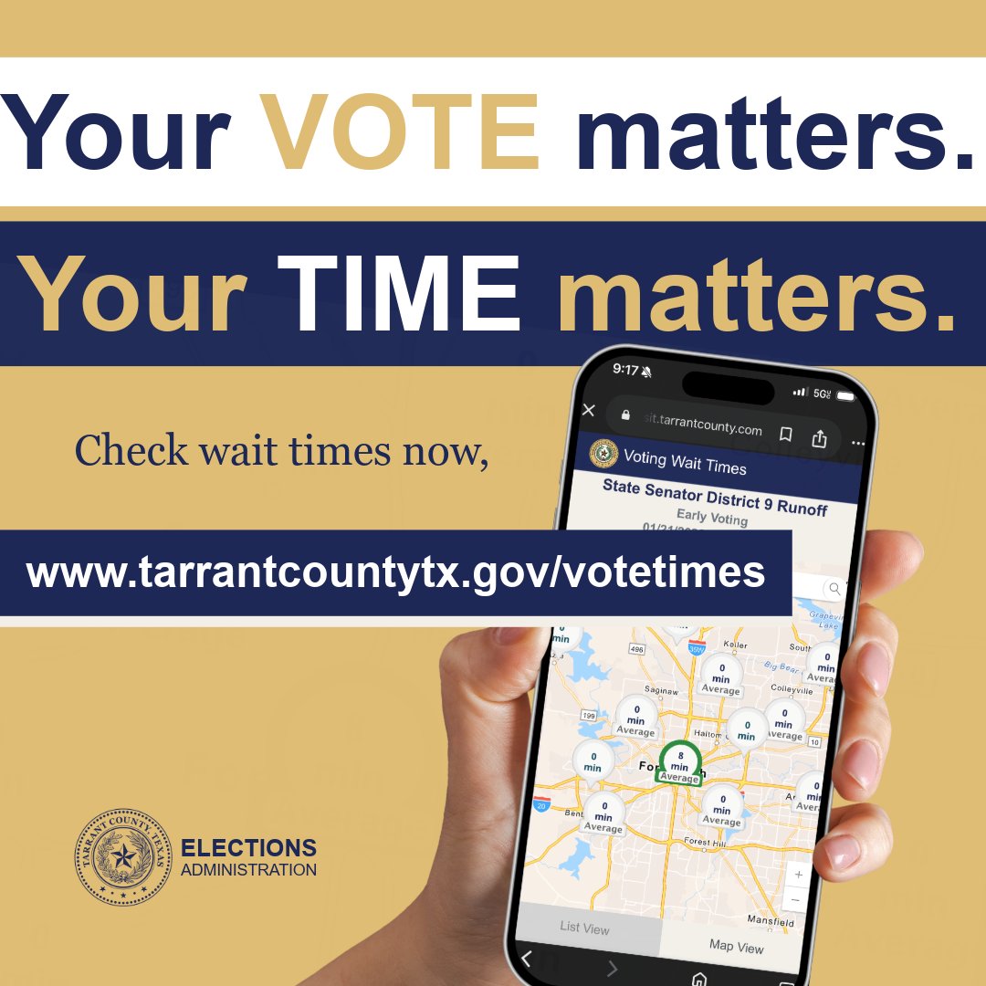 Before you head out to the polls, check wait times at a polling location near you.  
👉 tarrantcountytx.gov/votetimes