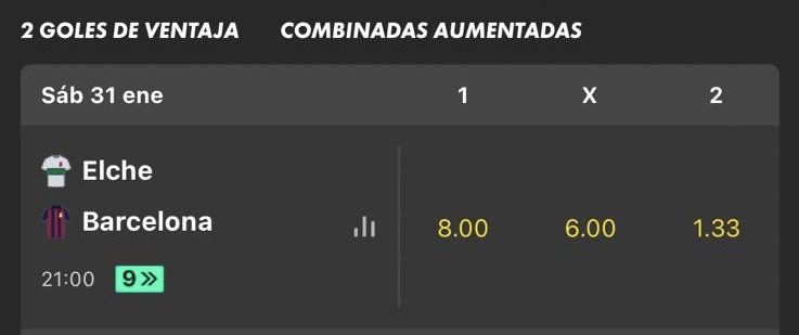 Buenas noches Herculanos! Os traigo buenas noticias. 

Apuesta win to win.
10€ a la victoria del elche hoy.

Si palma, palmada del elche. 😄
Si gana, 80€ limpios a la casa. 🤑

De nada!!🤲❤️