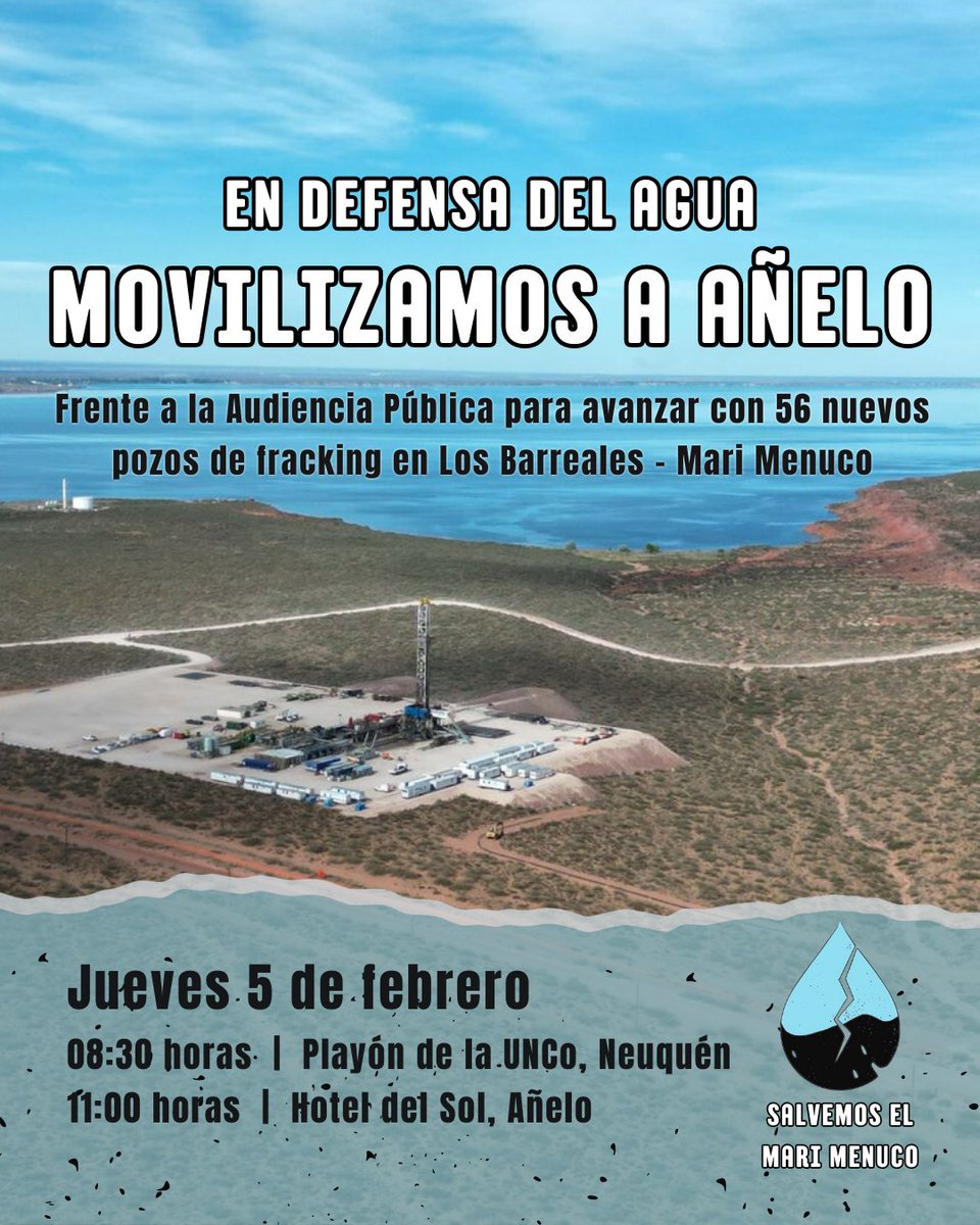 SalvMariMenuco's tweet photo. 💧 #MariMenuco

La aprobación de La Angostura Norte II eleva a más de 1.000 los pozos de fracking proyectados en los embalses. Los incidentes ambientales en la zona son cada vez más frecuentes.  

📢  Movilizamos a Añelo en el marco de la Audiencia Pública. 
💪🏾 !Sumate! https://t.co/91fMrnOI0H