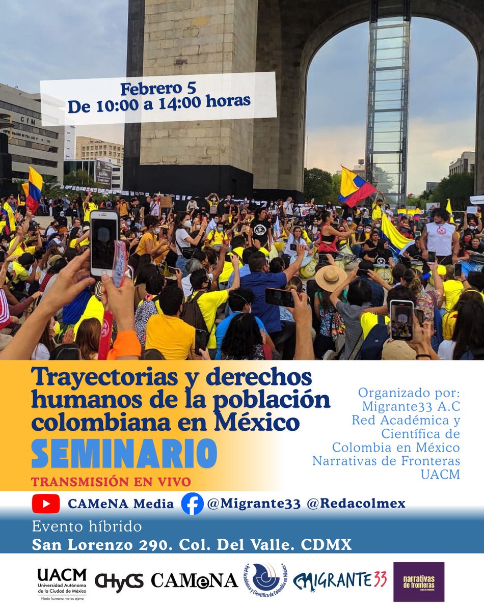 migrante33's tweet photo. #Invitadxs
𝐓𝐫𝐚𝐲𝐞𝐜𝐭𝐨𝐫𝐢𝐚𝐬 𝐲 𝐝𝐞𝐫𝐞𝐜𝐡𝐨𝐬 𝐡𝐮𝐦𝐚𝐧𝐨𝐬 𝐝𝐞 𝐥𝐚 𝐩𝐨𝐛𝐥𝐚𝐜𝐢ó𝐧 𝐜𝐨𝐥𝐨𝐦𝐛𝐢𝐚𝐧𝐚 𝐞𝐧 𝐌é𝐱𝐢𝐜𝐨
Febrero 5
10:00 AM - 2:00 PM
San Lorenzo 290. Col. Del Valle. CDMX
Youtube: @camena_uacm 
Facebook: @Migrante33 @Redacolmex
#ColombiaEnMéxico https://t.co/pdDDOYFxnf