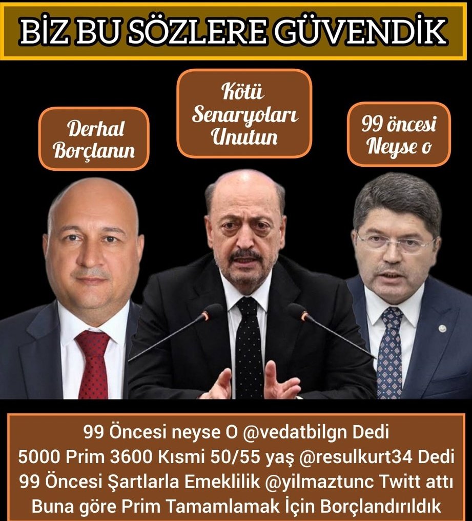 <a href="/EmekliVeOfkeli3/">mücayit___Yıldız</a> 99 öncesi neyse o dediniz
Prim ve takılanlar olmayacak
Dediniz
👇
#SonSöz5000Kısminin

Sistemin bilerek dışarıda bıraktıklarıyız.

Ne lütuf ne bağış !
Sadece Hakkı olanı istedi. 

Askıya alınan hayatlar susmaz.
Sandıkta konuşur.

#SandıktaSonSözEmeklinin
<a href="/RTErdogan/">Recep Tayyip Erdoğan</a>
<a href="/isikhanvedat/">Prof. Dr. Vedat Işıkhan</a>