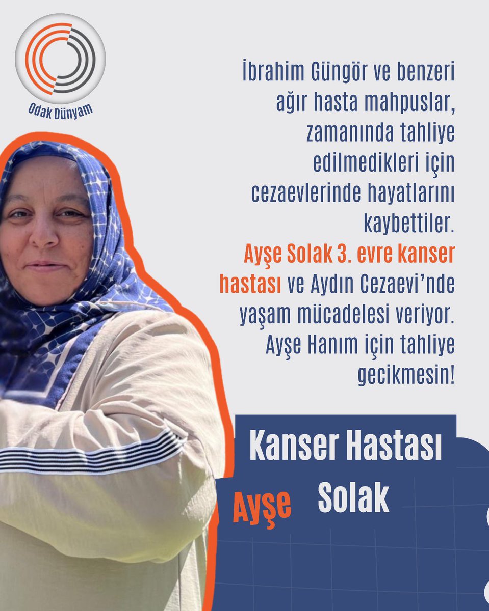 Kanser tedavisi sürerken tutuklanan 49 yaşındaki ev hanımı Ayşe Solak,
5 aydan fazladır tahliye edilmeyi bekliyor.
Cezaevi tedavi yeri değildir.
Bu bir hak ihlalidir.

TenkilFelaketi OrganizeNefret 
#bbvipks4