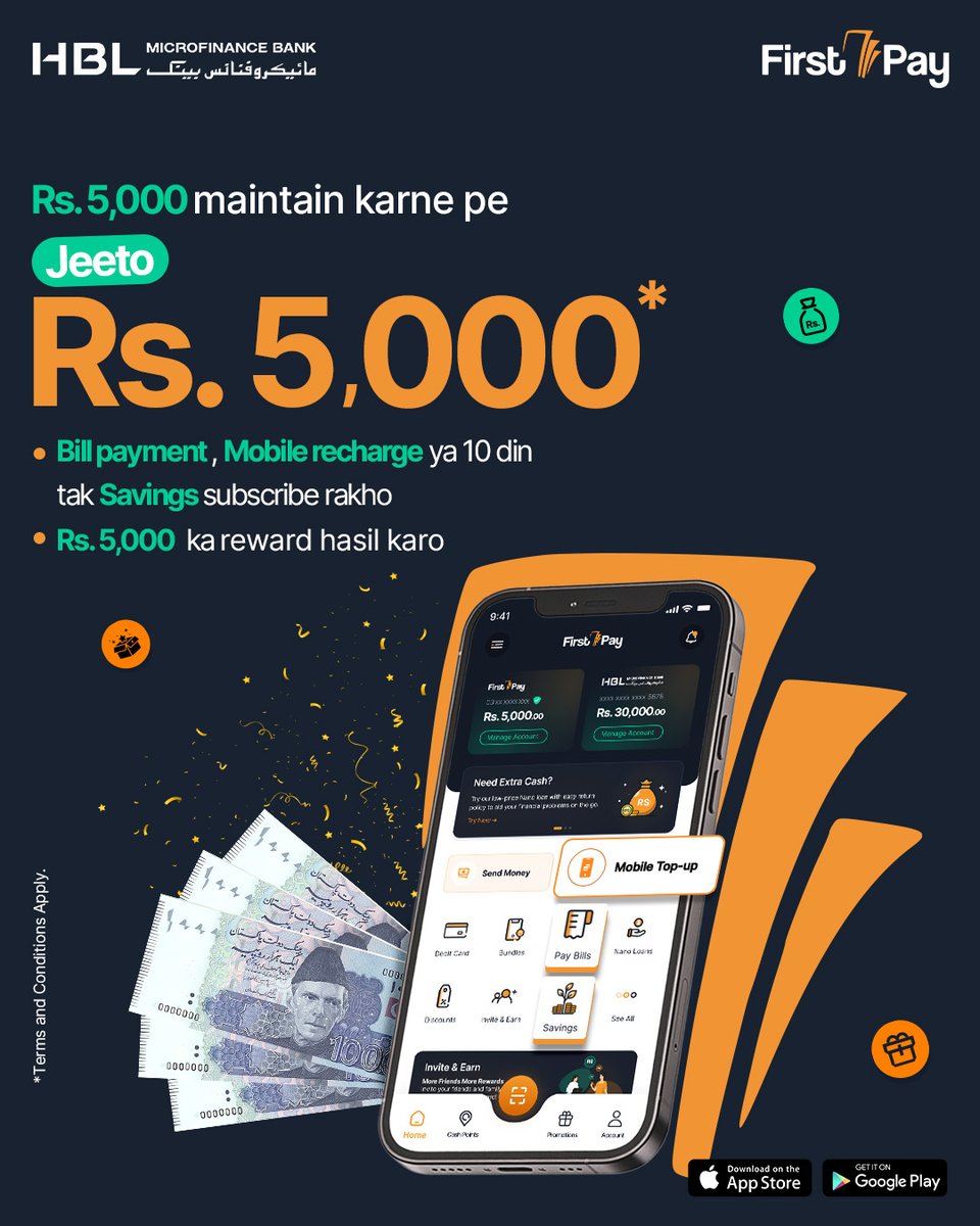 HBLMfBDigital's tweet photo. Maintain a balance of Rs. 5,000 and perform any of these tasks to win a Rs. 5,000 Reward.
Download Now: https://t.co/lcgxn8FtQ8
*Terms & Conditions Apply:
https://t.co/ShxXKZ6gbE
#FirstPay #DigitalWallet #OnlinePayments #HBLMfB https://t.co/sZOfkJlE3h