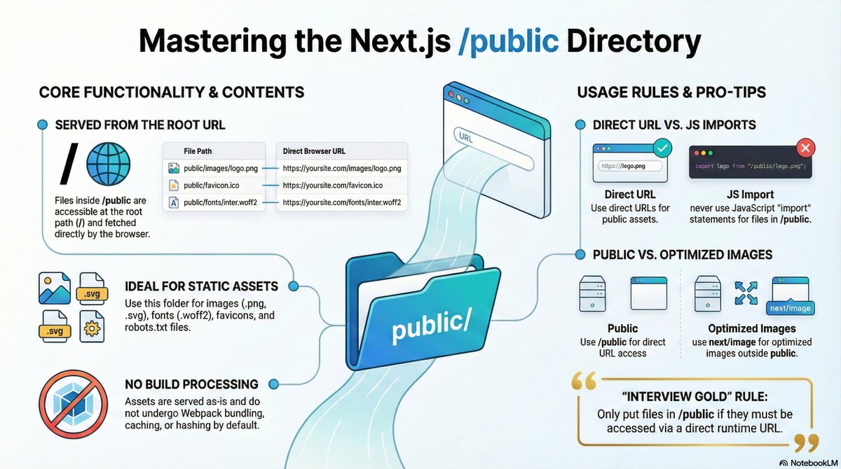 see_the_sahoo's tweet photo. 📁 Next.js Interview Tip👇
The public folder in Next.js is used to serve static assets like images, fonts &amp; icons—directly via URL, no bundling needed.

A must-know for interviews! 🚀
#NextJS #WebDev #InterviewQuestion #ReactJS https://t.co/JfiTsUlMQx