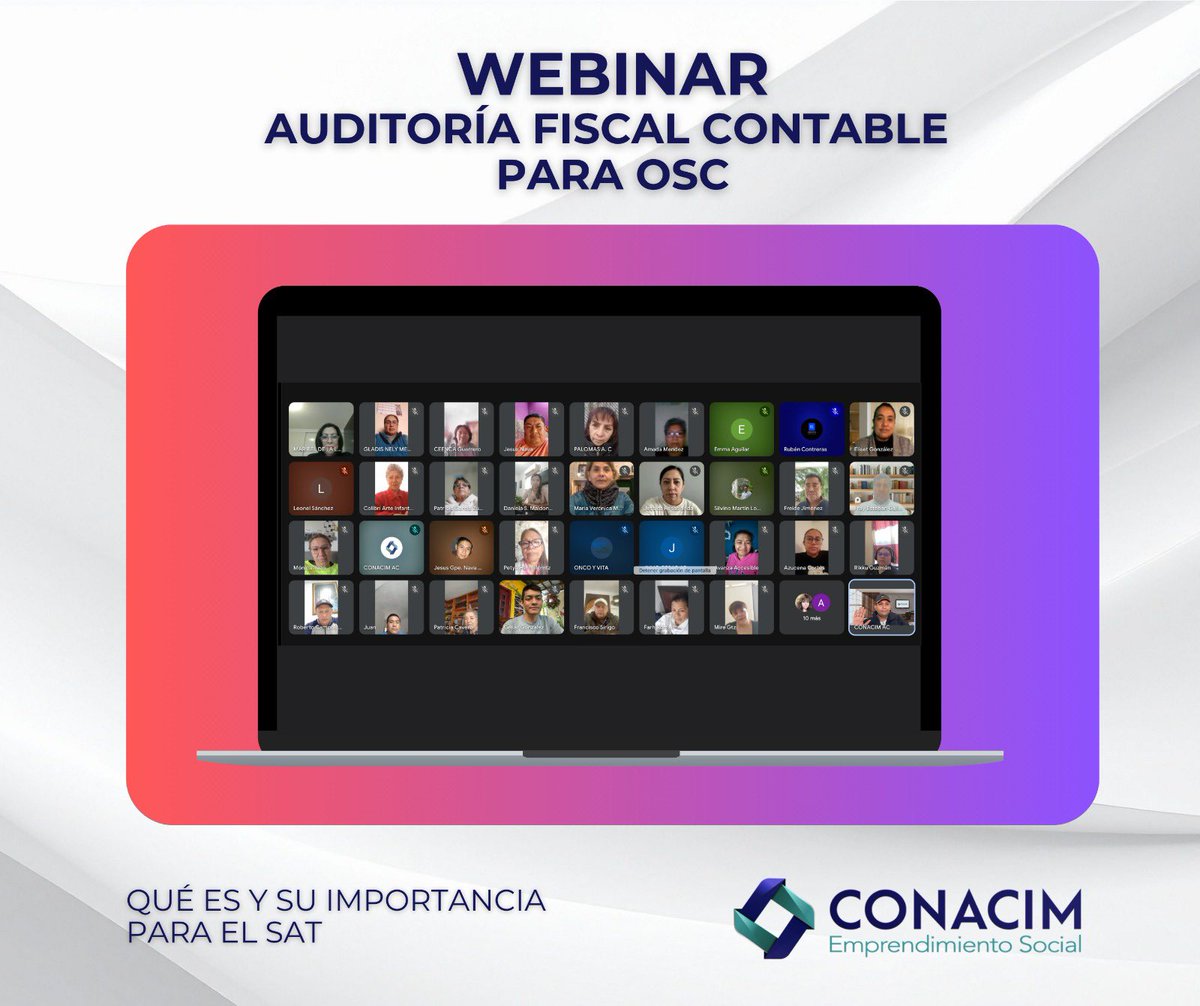 Cerramos enero con el webinar “Auditoría Fiscal Contable para OSC”, con la magistral exposición de la C.P.C. Maribel de la Llave, quien hasta 2025 fue titular de la Vicepresidencia de la Comisión de empresas no lucrativas del Colegio de Contadores Públicos de México A.C.