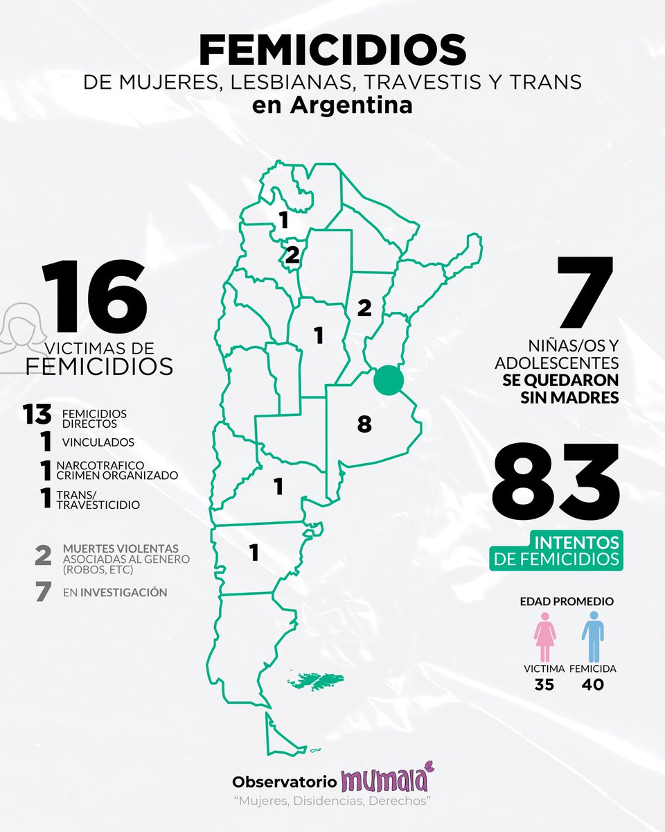 En Argentina, cada 8 horas una mujer es víctima de la violencia femicida.

Los datos de Observatorio Mumala en el primer mes del año confirman una situación alarmante, agravada por el desmantelamiento de las políticas públicas de prevención y asistencia 🚨Nos siguen matando.