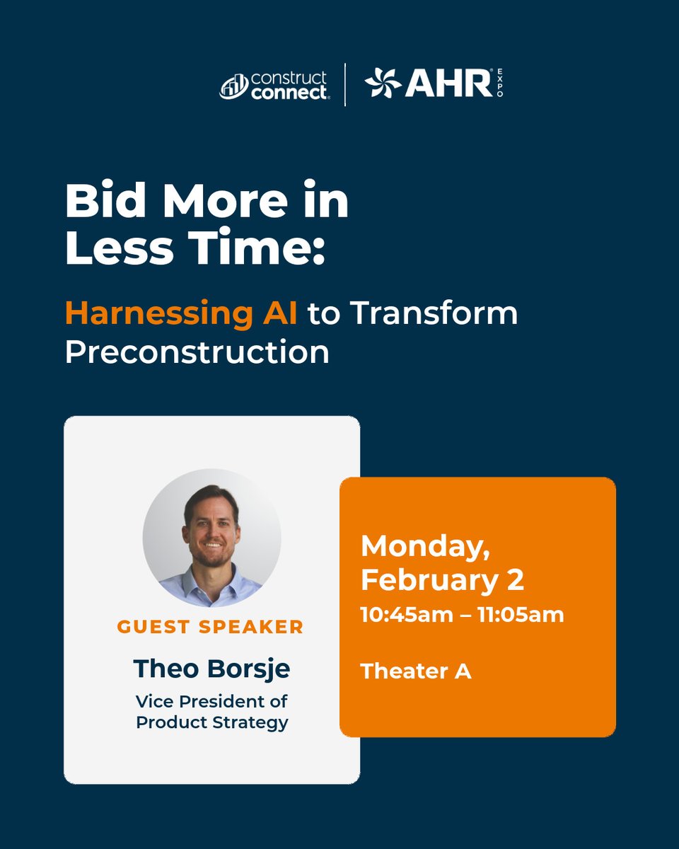 ConstructConnx's tweet image. At AHR Expo? Join Theo Borsje for this session.

Monday, Feb 2
10:45–11:05am
Theater A

Bid More in Less Time: Harnessing AI to Transform Preconstruction

#constructionstartshere