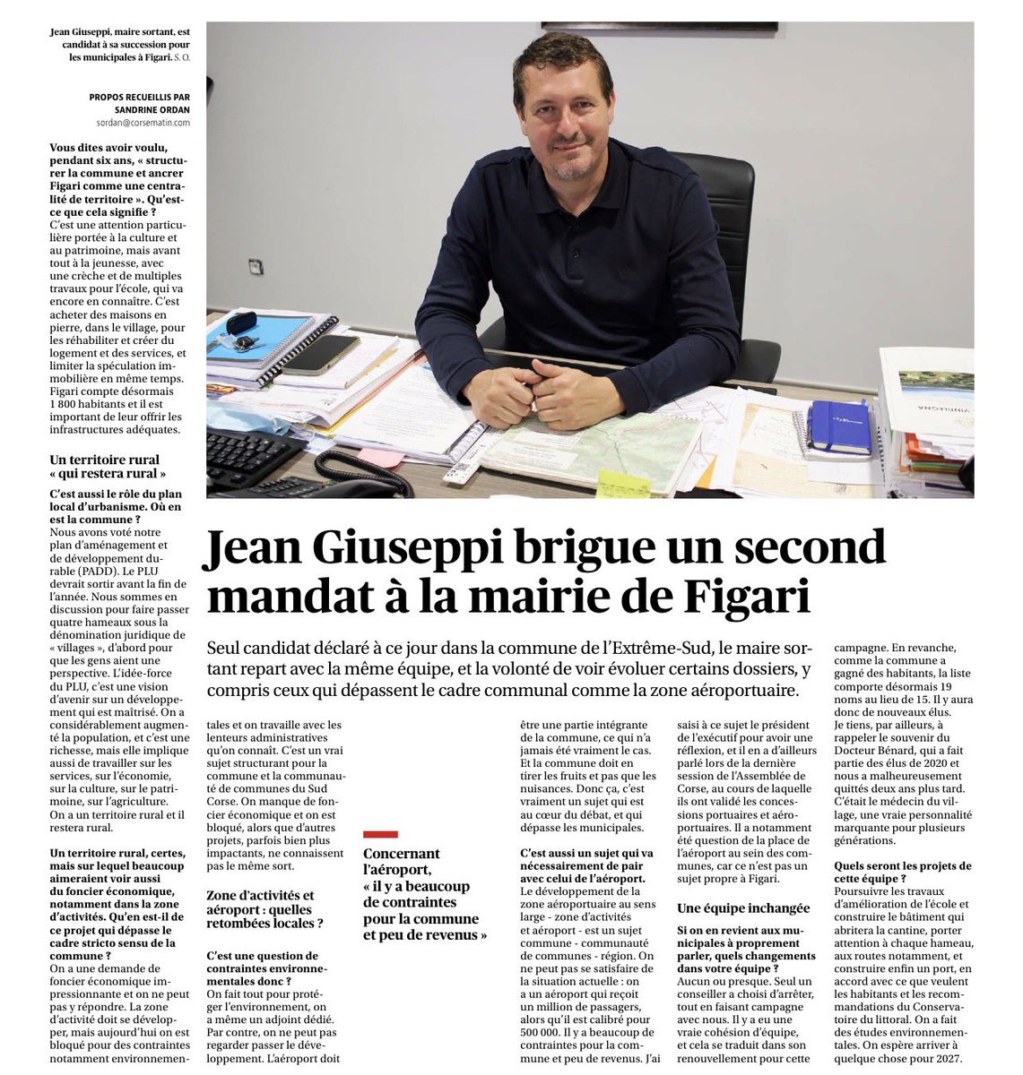 JeanGiuseppi's tweet photo. En juin 2020, vous nous avez confié la responsabilité d'administrer notre commune. 

Cette confiance nous a permis d’engager un travail de fond pour structurer #Figari.

Aujourd’hui, j'ai l'honneur de vous annoncer ma candidature aux élections des 15 et 22 mars prochain. https://t.co/2njZiDetA3