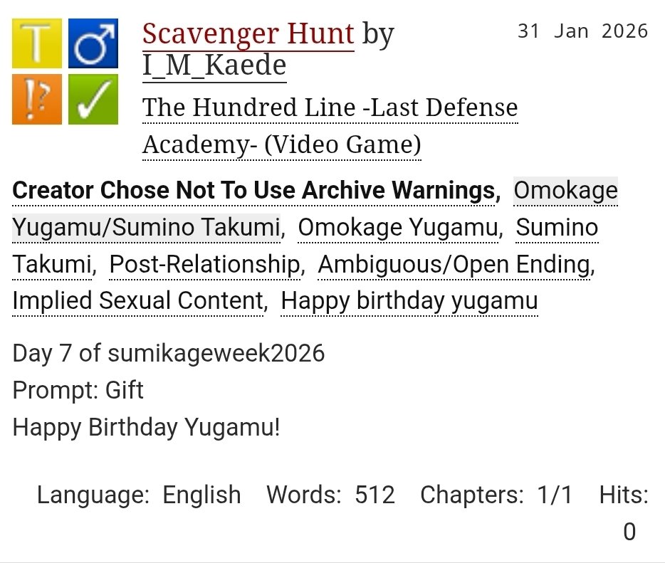 I missed a few days but I couldn't miss today. Happy birthday Yugamu!! archiveofourown.org/works/78661096 #sumikageweek2026