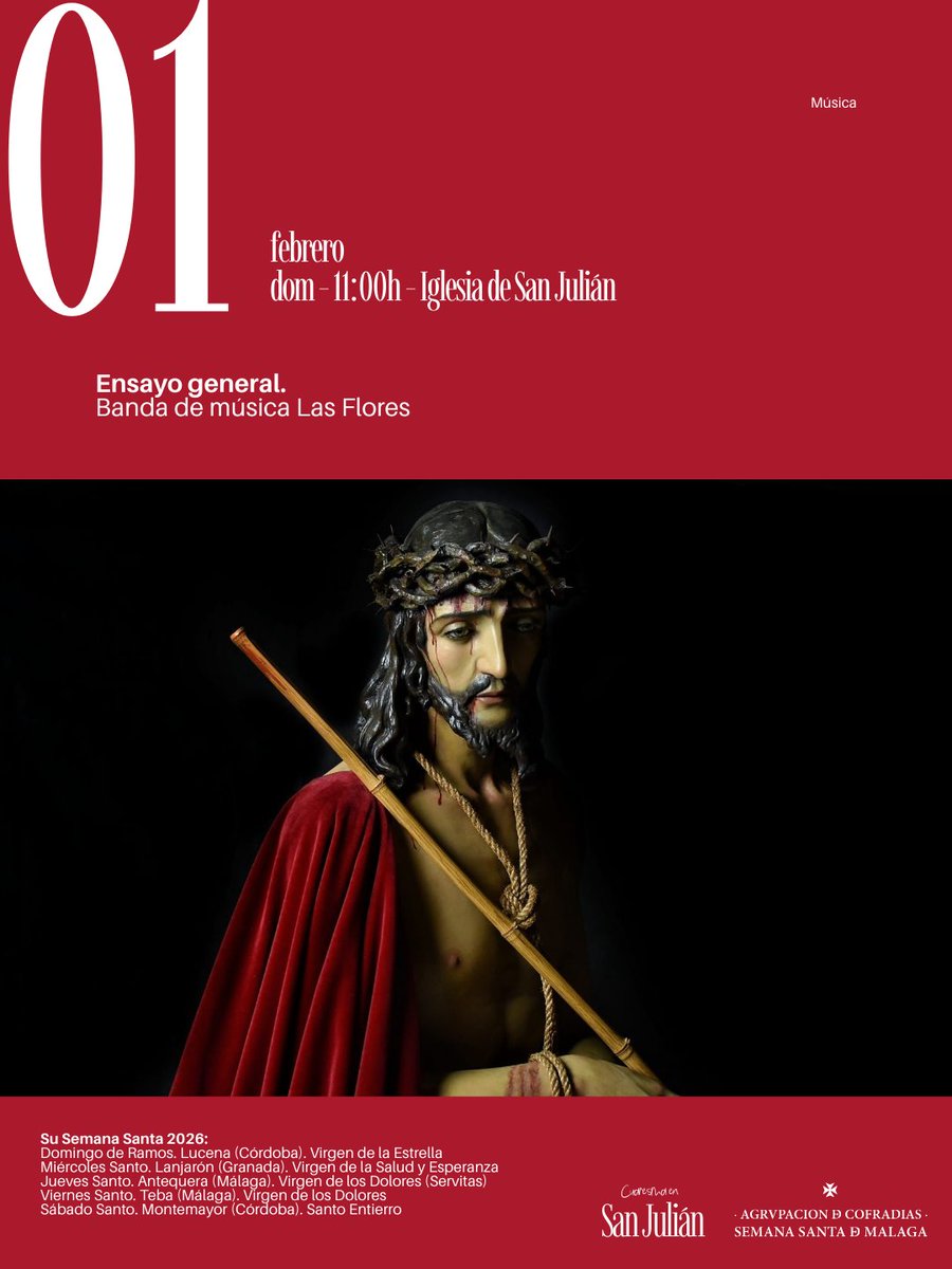 Ensayo general | Banda de Música Las Flores

La mañana del domingo se llena de sones cofrades en San Julián con el ensayo general de la Banda de Música Las Flores, una cita ideal para disfrutar del trabajo previo a la Semana Santa y del ambiente de Cuaresma.

🗓 Domingo 1
🕚