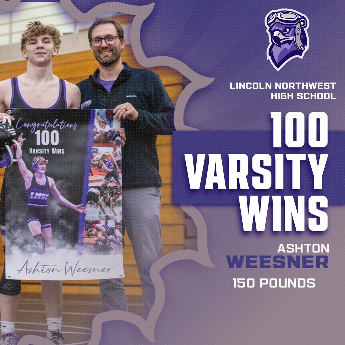 Congratulations to seniors Ashton Weesner and Lilli Walahoski on achieving 100 Varsity Wins this season. Ashton reached his 100 at the Floyd Colon Wrestling Classic on Jan. 24, and Lilli reached her 100 today at the EMC Tournament. #FightingFalcons #100Wins 🤼 🤼‍♀️ 💜