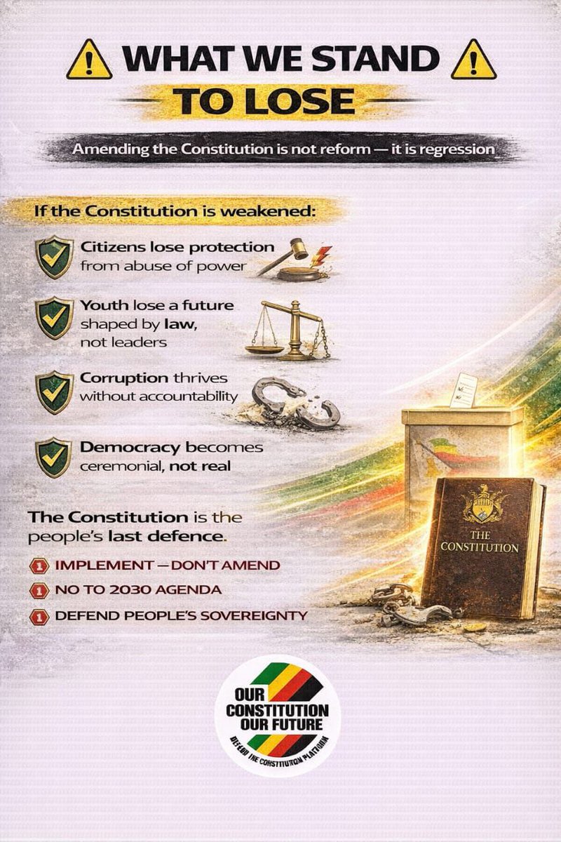 No to 2030. Yes to the Constitution.🇿🇼 Term limits. Accountability. Rule of law.
<a href="/DCPlatform25/">Defend The Constitution Platform</a>
#NoTo2030 #DefendTheConstitution #AccountabilityNow #YouthPower #2028ElectionsWithReforms