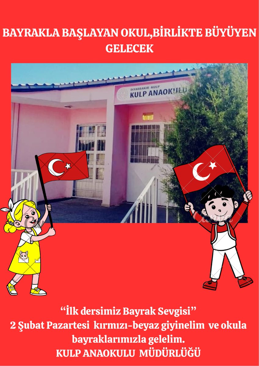 #Bayrakla başlayan okul, birlikte büyüyen gelecek 🇹🇷🌺
<a href="/burakakeller/">Burak AKELLER</a> <a href="/tcmeb/">Millî Eğitim Bakanlığı</a> <a href="/TC_Kulp/">Kulp Kaymakamlığı</a> <a href="/kulpmem/">Kulp İlçe Milli Eğitim Müdürlüğü</a> <a href="/hhemm21/">MEHMET (ZÂHİD) ŞİMŞEK</a> #BayrakVatandir