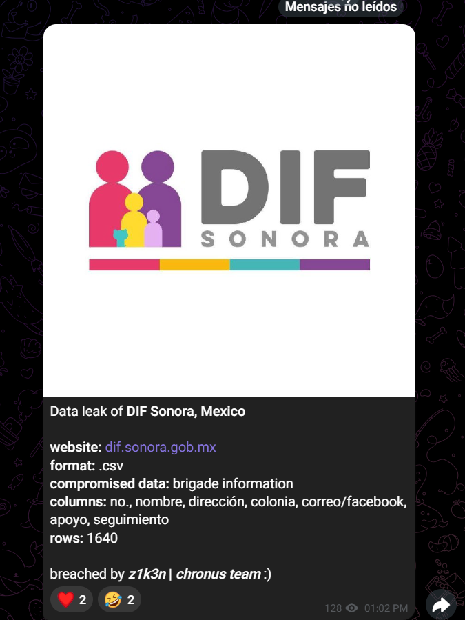 elalbertomedina's tweet photo. 🚨 ¡Esto es MUY delicado! 🚨

HACKEAN BASE DE DATOS DEL DIF SONORA.

También de Morena, SAT, IMSS Bienestar y otras 20 instituciones de diversos niveles.

Esta megafiltración se trata de 2.3 TB de bases de datos, padrones de afiliación, expedientes digitalizados y registros administrativos, según el periodista @ivillasenor.

Las instituciones afectadas serían:

- @IMSS_Bienestar  (Padrón SSPA)
- @SSalud_mx (Insumos)
- Instituto Nacional de Perinatología
- Comisión Nacional de Seguros y Finanzas
- Salud estatal de Chihuahua
- Secretaría Anticorrupción de Chiapas
- Fiscalía de Tabasco
- Poder Judicial de Tabasco
- Fiscalía de Tamaulipas
- SEDIF Zacatecas (Banco Nacional de Datos sobre Violencia contra Mujeres)
- @infpmorena (Padrón de afiliados)
- Gobierno de Morelos (Empleados)
- @SEP_mx (DGRMyS)
- Gobierno de Nayarit (Administración y Finanzas)
- Educación Media Superior de Nayarit
- CITNOVA
- IEIFI
- DIF Sonora
- SIDEPAT Colima
- Municipio de Benito Juárez, Quintana Roo
- COMUDE Guadalajara
- UANE
- Clínica Universitaria Anáhuac Mayab