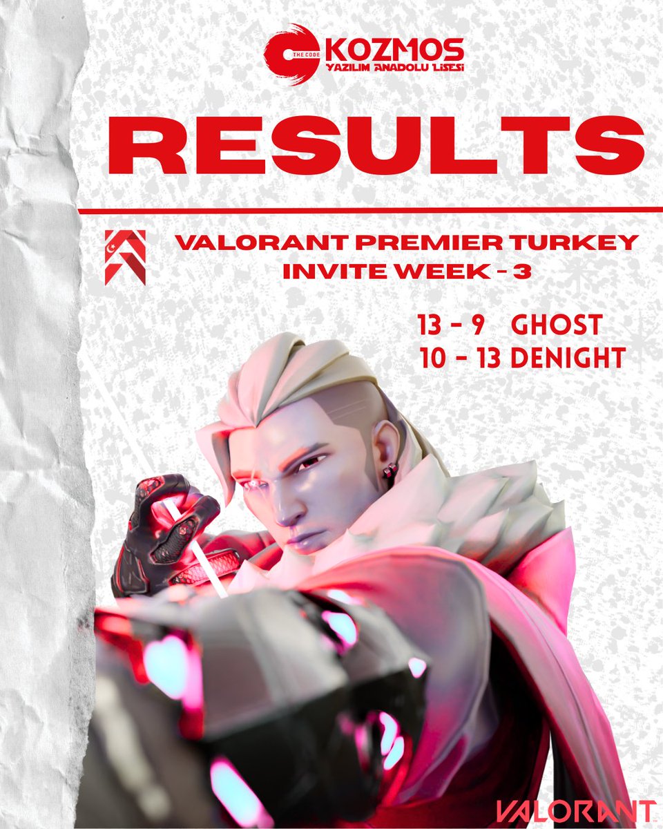 🇹🇷 VALORANT Premier Türkiye Invite 3. Hafta müsabakalarında, 1 WIN - 1 LOSE alarak haftayı tamamlıyoruz. 

🆚 <a href="/ghostsvl/">GHOSTS</a> : 13 - 9
🆚 DENIGHT : 10 - 13

❤️ Rakiplerimizin ellerine sağlık.
👋 Haftaya görüşmek üzere.

#kozmosesports #kozmoslisesi #letsgokozmos #kze