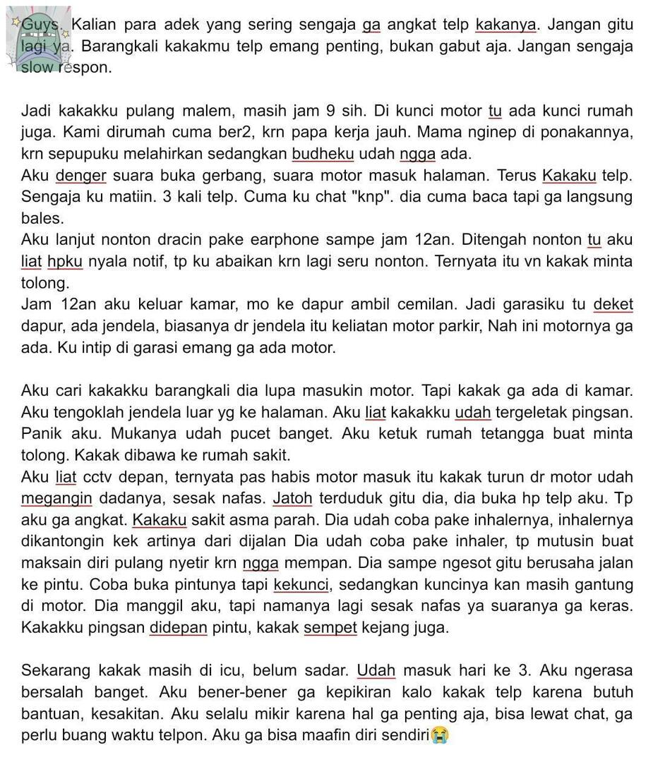 tanyarlfes's tweet image. 💚 Katanya doa dari 40 orang itu bakal terkabul. Gapapa kalian maki-maki kebodohanku ini. Tolong doain kakakku cepet sadar dan sembuh ya guys. 

Aku sering bertengkar sama kakak, tapi ga bisa kalo ga ada kakak. Apalagi nelen fakta kalo aku telat nolong dia😭