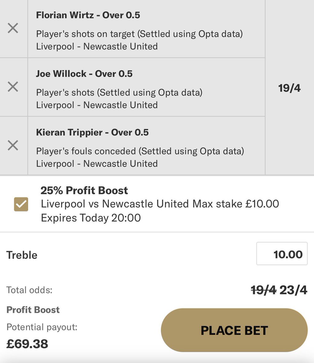 TheShotTrader's tweet photo. UPDATED LIVERPOOL VS NEWCASTLE 25% BOOST BUILDER

🔥 JOIN, BET £10, GET £40 FREE BETS HERE: https://t.co/vlu7aPmkbZ

#Ad | New Customer Offer | 18+ | T&amp;C's Apply | https://t.co/GfmyU37wV0 https://t.co/TlnvvjjHjw