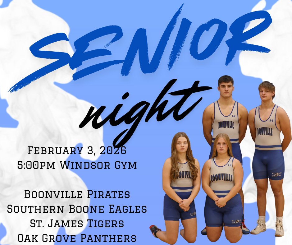 Pack the stands on Tuesday night as Boonville Pirate Wrestling team sends the Seniors to their HOME mat for the last time!  We are so proud of your grit and dedication, Clayton, Chase, Alivia, and Emme!

Let's go out with a bang‼

📸Chris Bowie, BDN