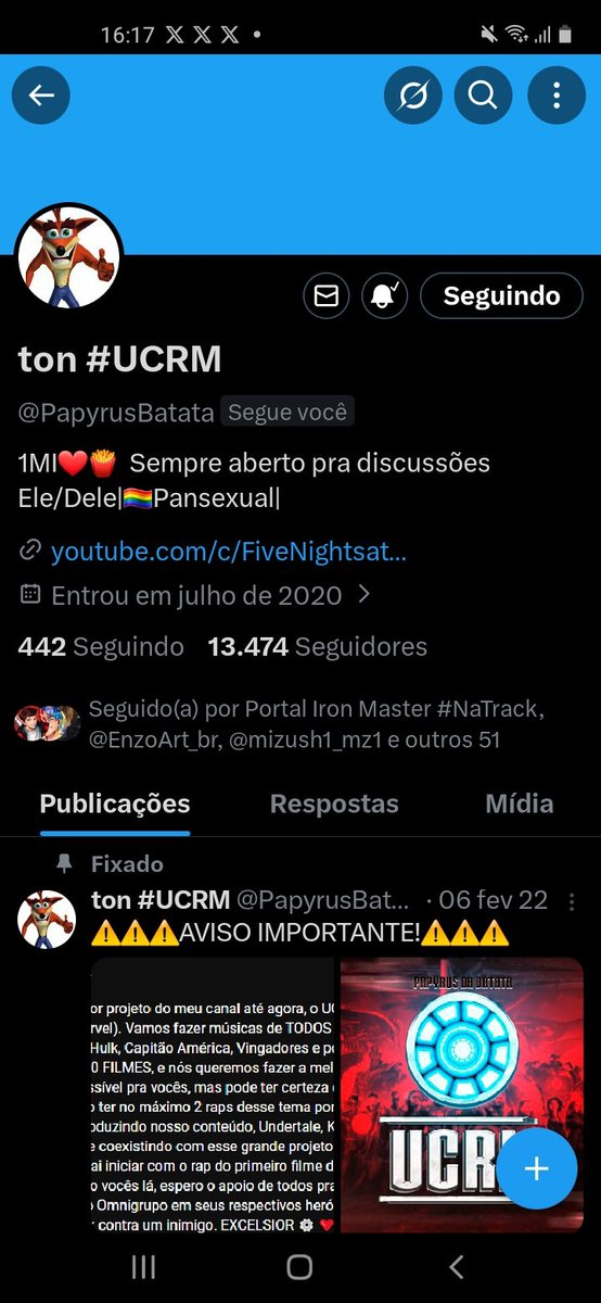 <a href="/PapyrusBatata/">ton #UCRM</a> Eitaaaa, e esse crash ai? Lunáticos 4? Fiquei animado!!