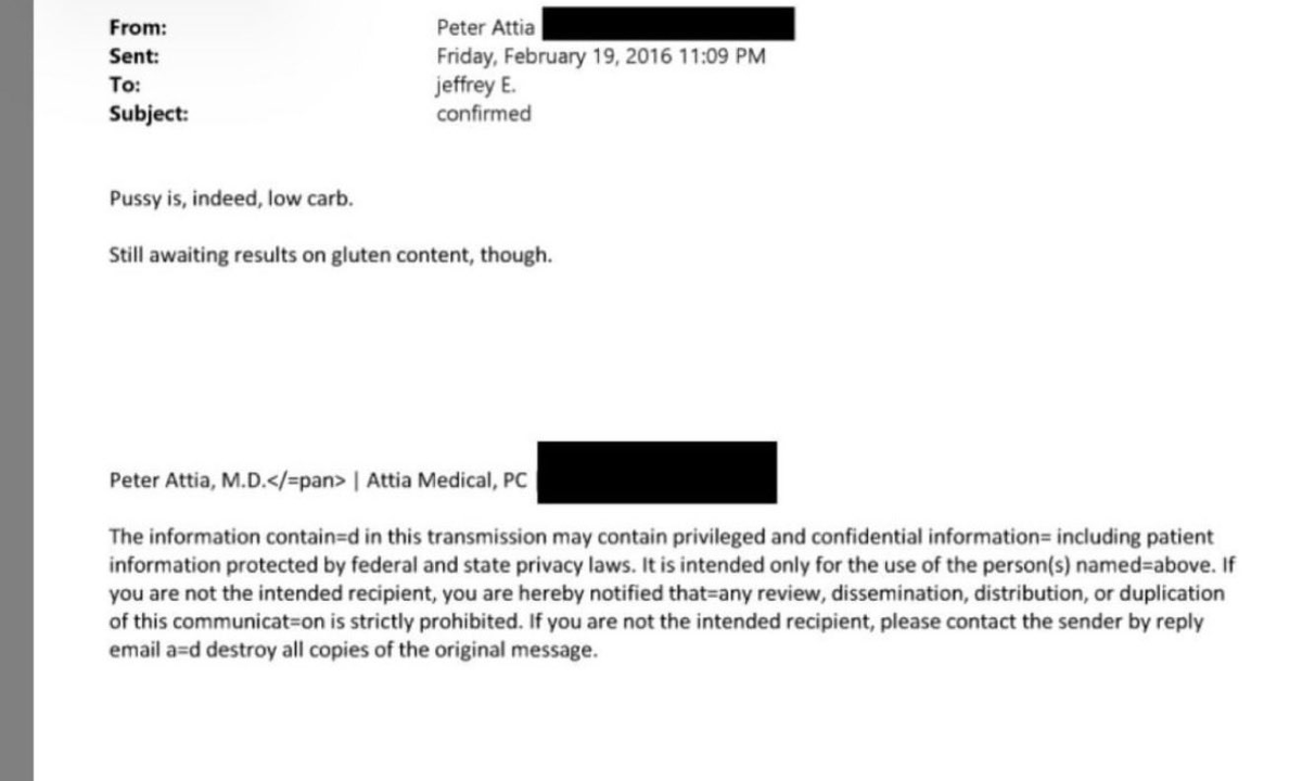 "pussy is, indeed, low carb," but pussy *might* contain gluten. the top minds in science are waiting on lab results to know for sure.  thanks peter attia.