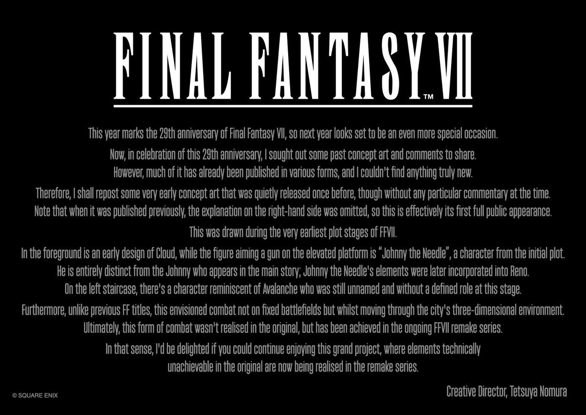 aitaikimochi's tweet image. Final Fantasy VII Creative Director Tetsuya Nomura shares a super early concept art to celebrate the 29th Anniversary of the original FF7!

The scene depicts Cloud, Johnny the Needle (who later became Reno), and an Avalanche member.

Fascinating BTS lore drop from Nomura!