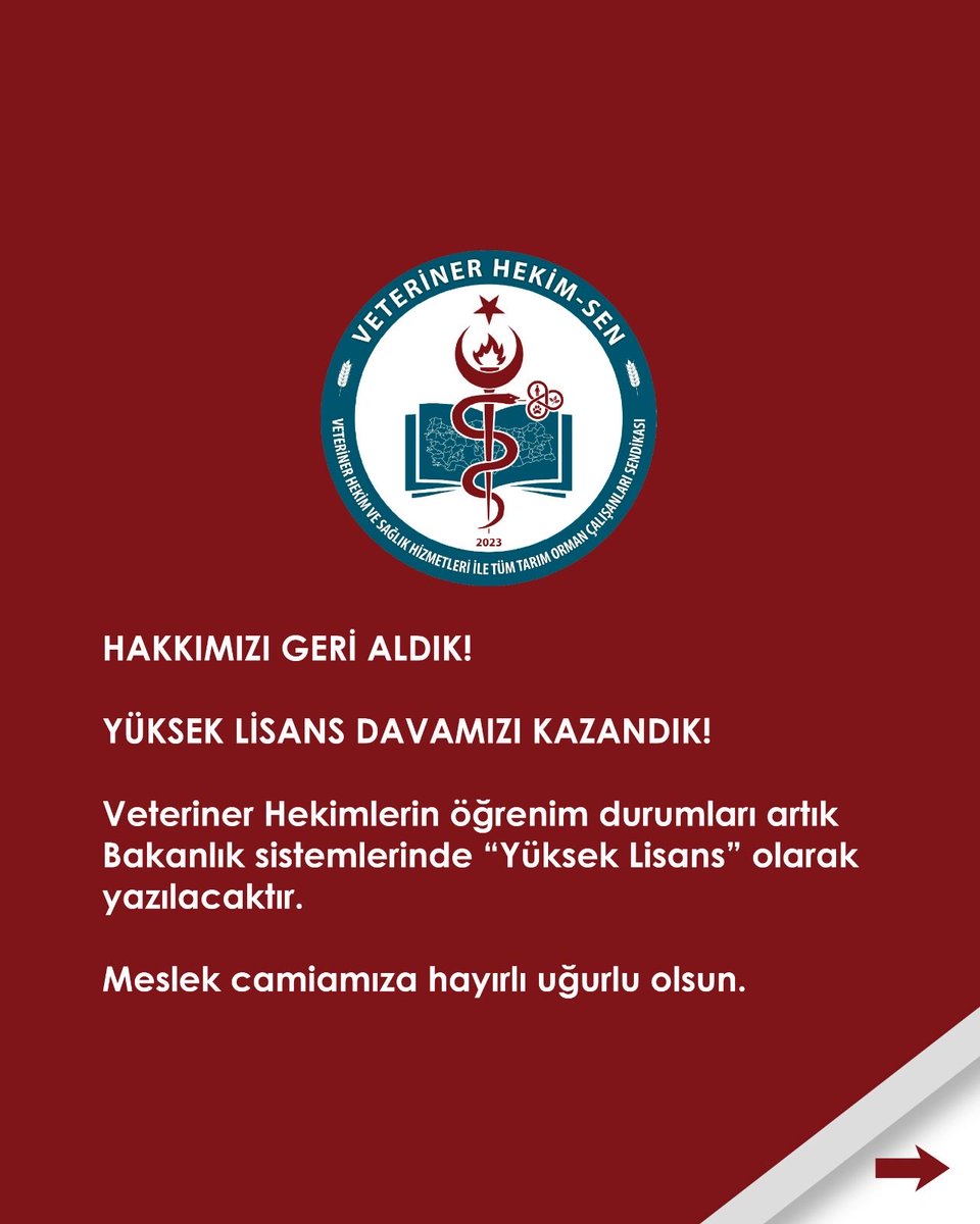 Veteriner Hekim-Sen in Veteriner Hekimlik mesleği adına vermiş olduğu mücadeleyi destekler elde edilen başarıdan dolayı emeği geçenleri tebrik ederiz.
Hayvan sağlığı ve halk sağlığı için Veteriner Hekimlik şart.