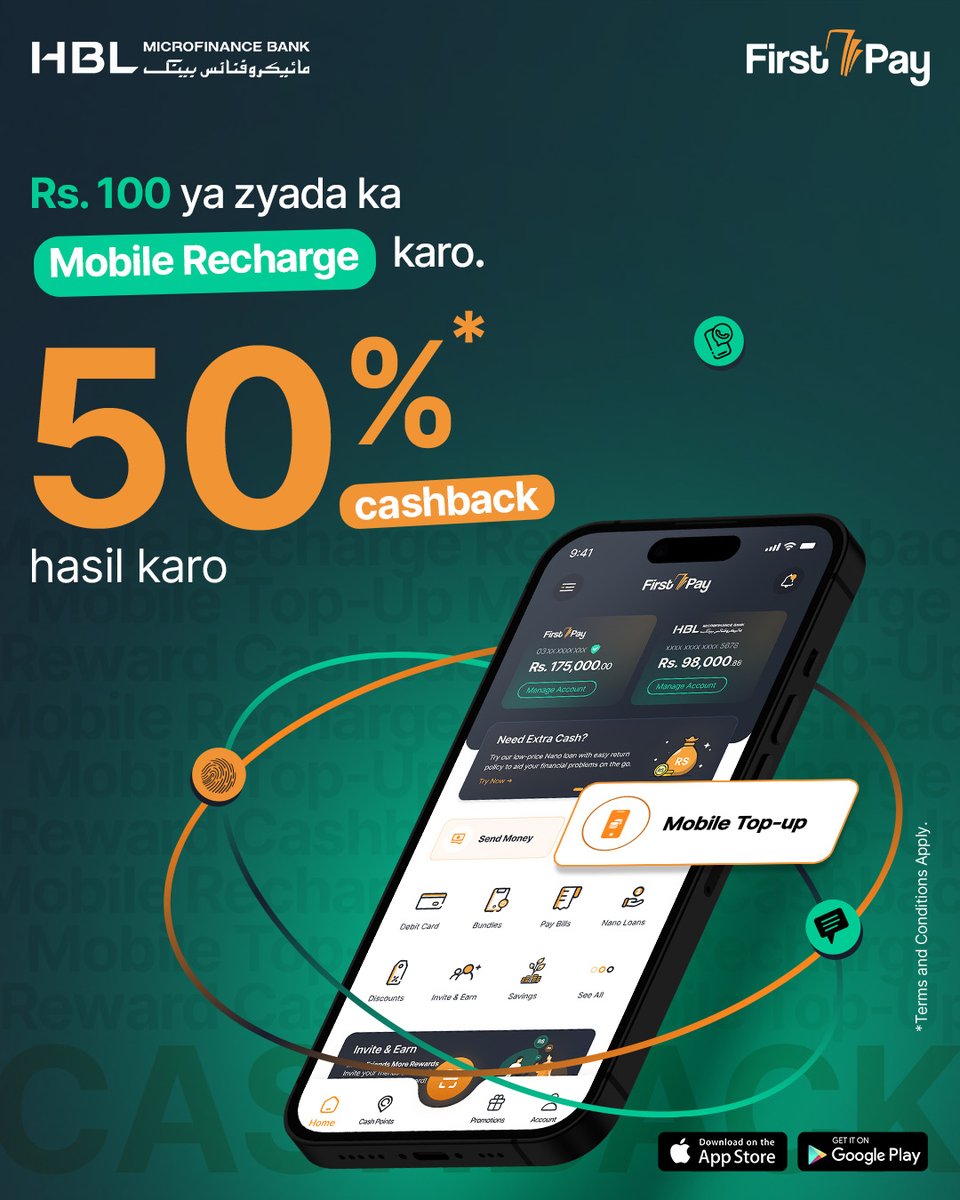 HBLMfBDigital's tweet photo. Get 50% cashback on mobile top-up with FirstPay! Recharge your mobile number with PKR 100 or more and get Rs. 50* cashback!
Download Now:
https://t.co/lcgxn8G1FG
*Terms & Conditions Apply:
https://t.co/ShxXKZ6O1c
#FirstPay #DigitalWallet #OnlinePayments #HBLMfB https://t.co/0oBqwpjRmS
