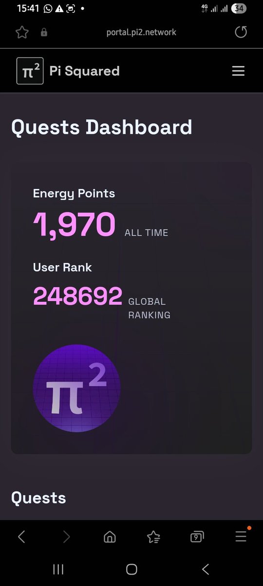 MemeJay107's tweet image. "Ranking up! 📈
​Current stats on the Pi Squared Quests Dashboard:
⚡️ Energy: 1,970
🌍 Global Rank: 248,692
​Watch me bridge that gap. Let’s go! 🚀 @pisquared #PiSquared_Network
​#Pi2 #Blockchain #Testnet"